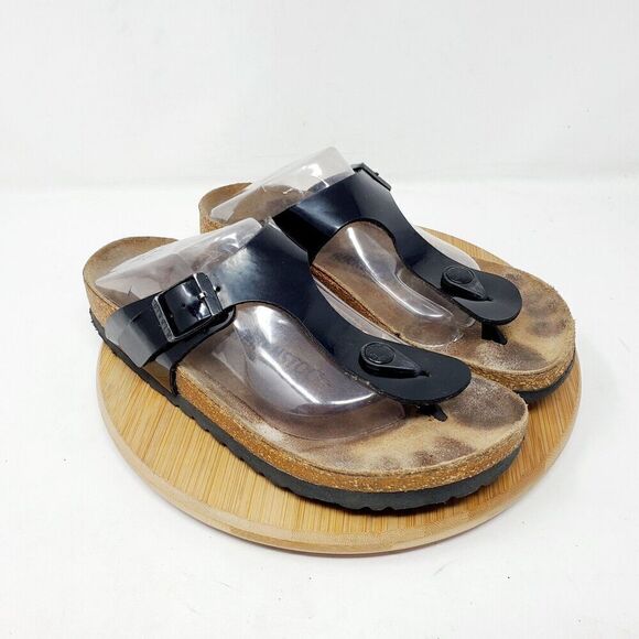 Birkenstock Gizeh Sandals 36 Womens 5 Black Thong Buckle Straps Distressed - Picture 2 of 12